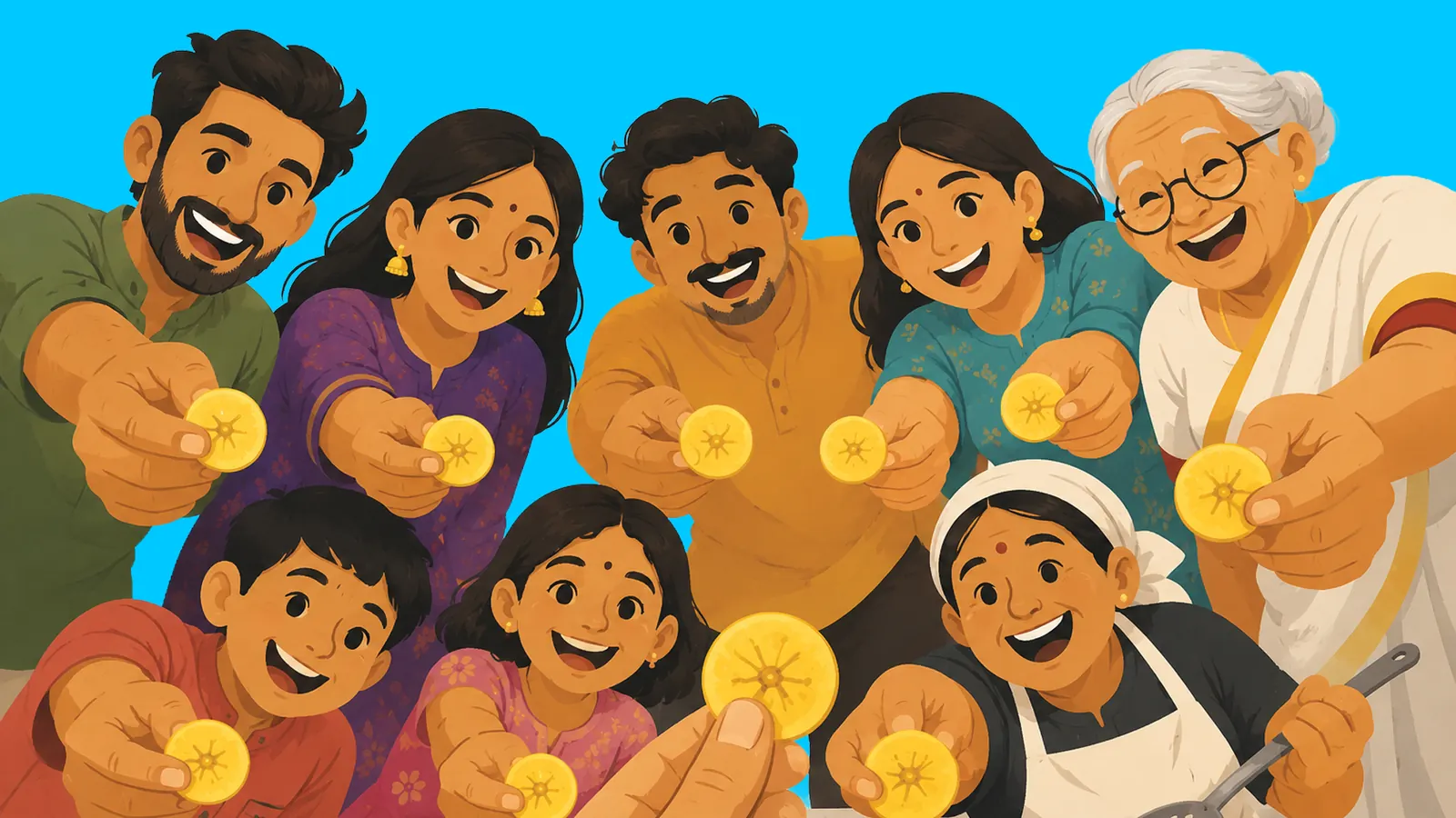 Illustrated Kerala family and friends smiling and holding out banana chips on a bright blue background.